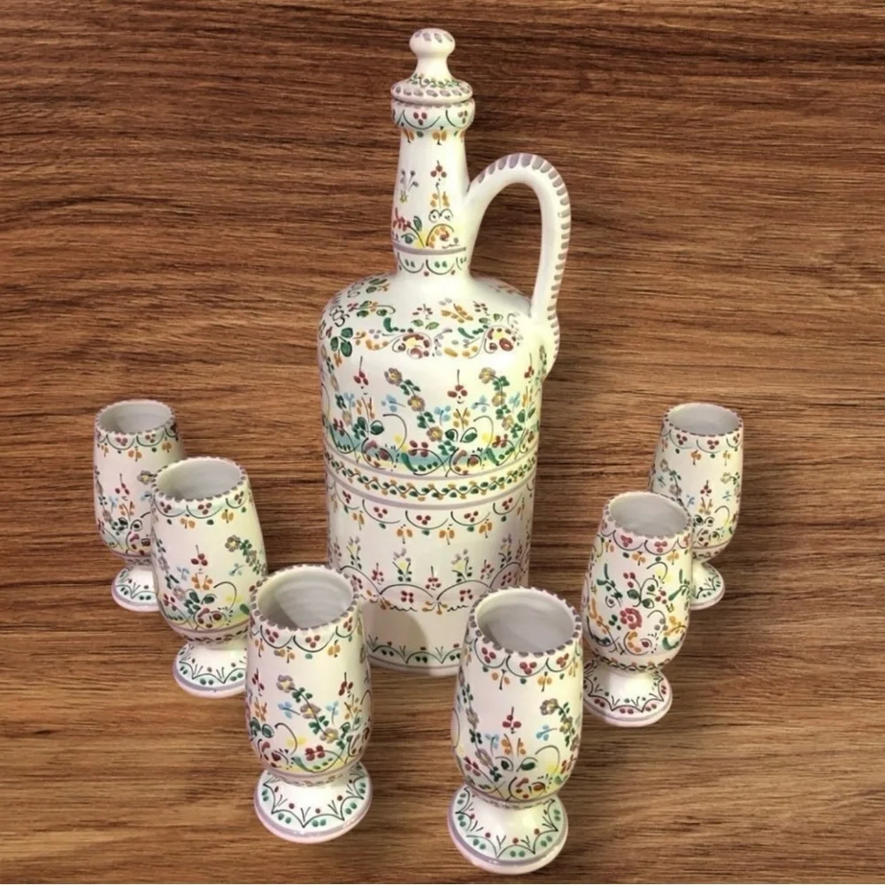 Vintage RARE CRUZ Spain Bohemian Floral Hand Painted Set Shot 6 Cups & Bottle
